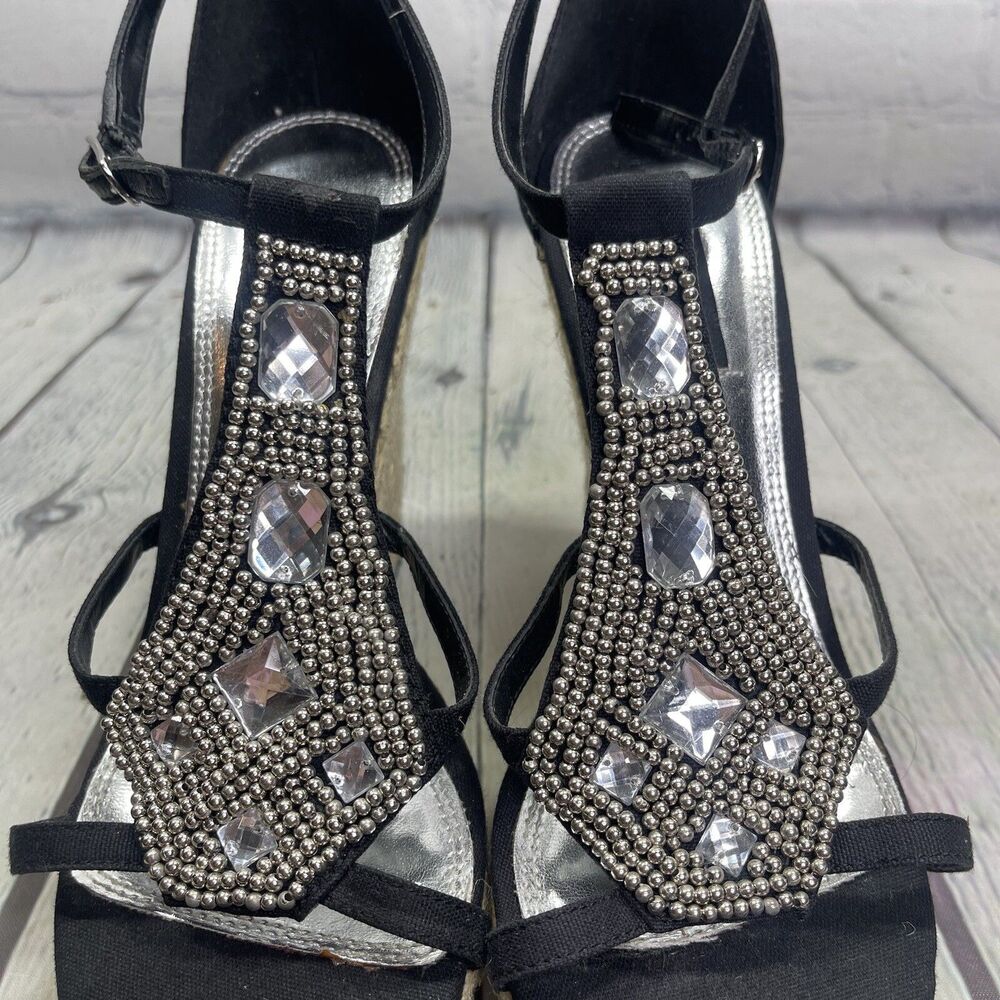 WHBM Black Wedges Rhinestone T Strap Women Size 7 Elegant Vacation Resort Chic - Picture 12 of 14